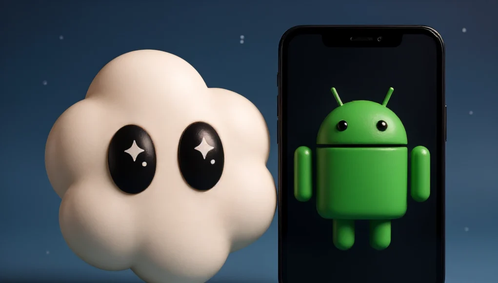 Nube blanca con ojos grandes y brillantes, estilo caricatura, flotando junto a un teléfono móvil que muestra el logo 3D de Android en color verde sobre fondo oscuro, todo sobre un fondo azul con pequeños puntos que simulan estrellas.