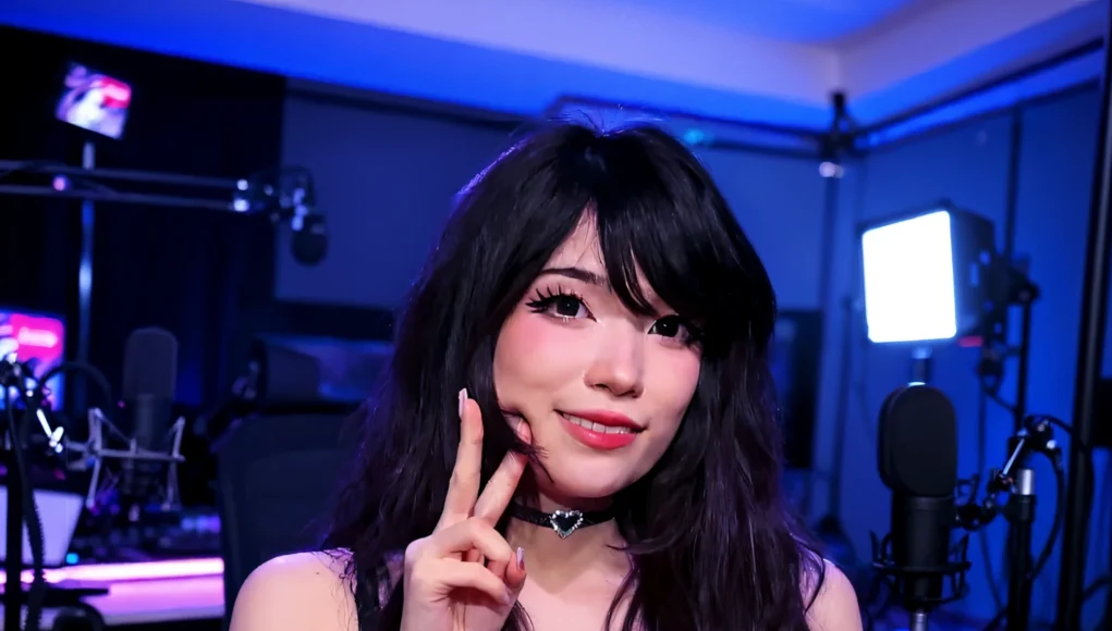 Una mujer joven posa en un estudio de grabación iluminado con tonos azulados y violetas. Lleva maquillaje marcado, un collar con forma de corazón y una pulsera con tachuelas. Sonríe a cámara mientras hace un gesto de paz con la mano; a su alrededor se ven micrófonos, brazos articulados y luces de estudio.