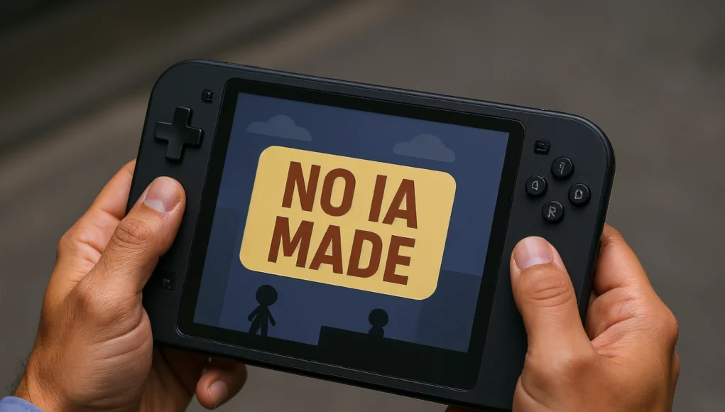 Manos de una persona sosteniendo una consola portátil negra, cuyo frontal muestra un videojuego minimalista con dos figuras estilizadas. En el centro de la pantalla aparece una gran etiqueta amarilla con el texto “NO IA MADE” en letras rojas, indicando que el juego no fue creado con inteligencia artificial.