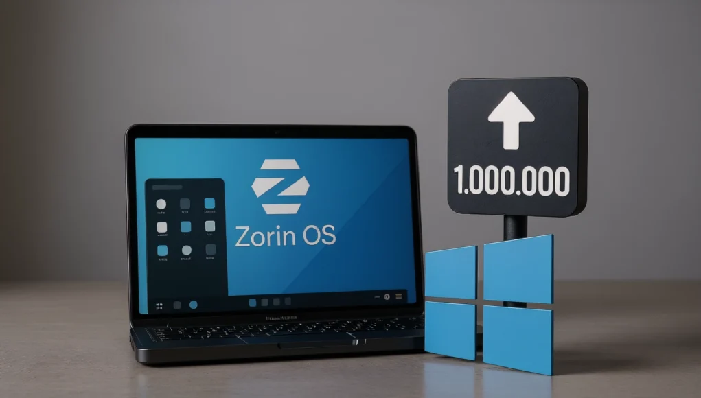 Un portátil mostrando la pantalla de inicio de Zorin OS sobre una mesa, acompañado a la derecha por un cartel oscuro con una flecha ascendente y el número “1.000.000”, junto a un logotipo azul de Windows dividido en cuatro paneles.