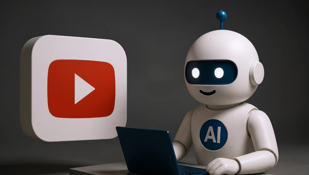 Ilustración con el logo de YouTube en relieve sobre un fondo rojo a la izquierda, y a la derecha un robot blanco con detalles azules y el símbolo “AI” en el pecho usando un portátil. La escena representa la inteligencia artificial interactuando con contenido de YouTube.