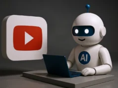 YouTuber tecnológico pierde canal de 350.000 suscriptores por decisión «equivocada» de la inteligencia artificial Ilustración con el logo de YouTube en relieve sobre un fondo rojo a la izquierda, y a la derecha un robot blanco con detalles azules y el símbolo “AI” en el pecho usando un portátil. La escena representa la inteligencia artificial interactuando con contenido de YouTube.