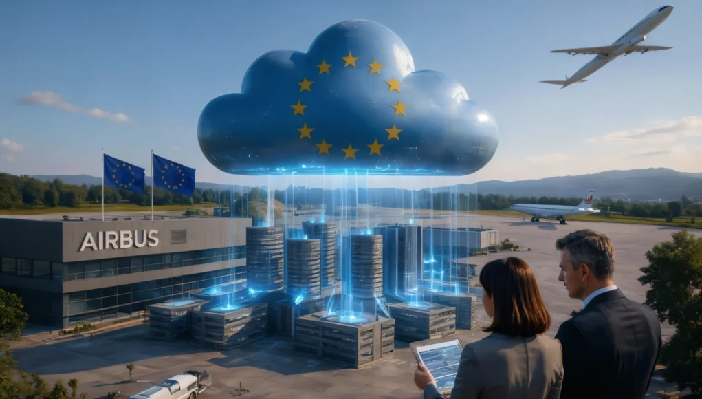 Ilustración conceptual de una nube digital soberana europea representada como una nube azul con estrellas de la UE flotando sobre instalaciones de Airbus, conectada a centros de datos mediante haces de luz, mientras dos ejecutivos observan la infraestructura y un avión despega al fondo.