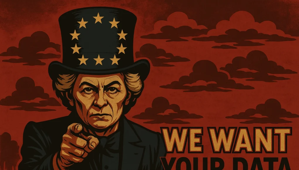 Ilustración de estilo propaganda distópica que muestra a una líder política ficticia con gesto serio, vestida de traje oscuro y señalando directamente al espectador. Lleva un sombrero de copa adornado con estrellas doradas que evocan la bandera de la Unión Europea. El fondo es rojo con nubes oscuras estilizadas, y a la derecha aparece el texto grande “WE WANT YOUR DATA”.