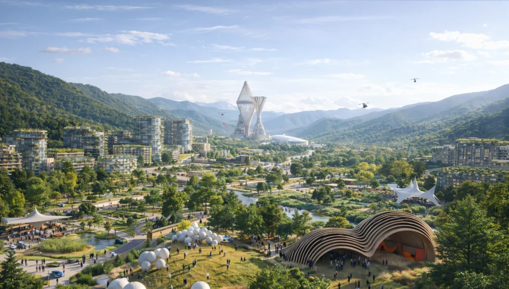 Vista panorámica de una ciudad futurista integrada en un valle montañoso de los Apalaches, con edificios modernos rodeados de amplias zonas verdes, parques y senderos peatonales. En el centro destaca una torre arquitectónica vanguardista, mientras personas caminan por espacios públicos, pabellones orgánicos y áreas recreativas, con colinas boscosas al fondo y un cielo despejado que refuerza la idea de sostenibilidad y vida comunitaria.