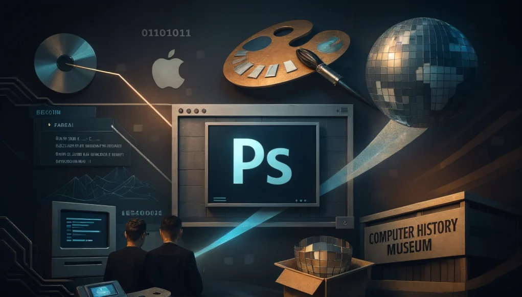 Código Fuente Photoshop Ilustración conceptual que representa el origen de Adobe Photoshop, con un antiguo Macintosh, el icono “Ps”, elementos de programación, arte digital y referencias al Computer History Museum en un entorno tecnológico retro. Caja original de Adobe Photoshop