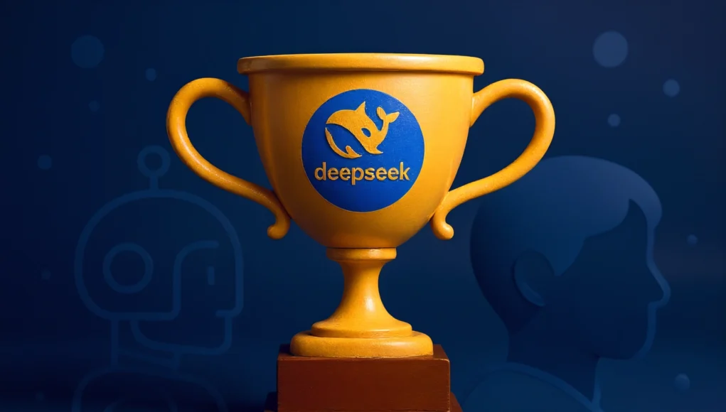 Trofeo dorado con el logotipo de DeepSeek en el centro, sobre un fondo azul oscuro. A los lados aparecen siluetas minimalistas de un robot y un humano, representando la comparación entre inteligencia artificial y capacidades humanas.