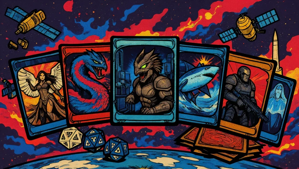 Ilustración panorámica estilo cartas coleccionables que representa distintos dominios de la guerra espacial: varias cartas muestran figuras fantásticas y futuristas —una guerrera alada, una serpiente, una criatura mitológica blindada, un tiburón y un soldado— dispuestas sobre la Tierra vista desde el espacio. Alrededor flotan satélites, dados y mazos de cartas, combinando estética de ciencia ficción militar y juego de mesa en un entorno cósmico.