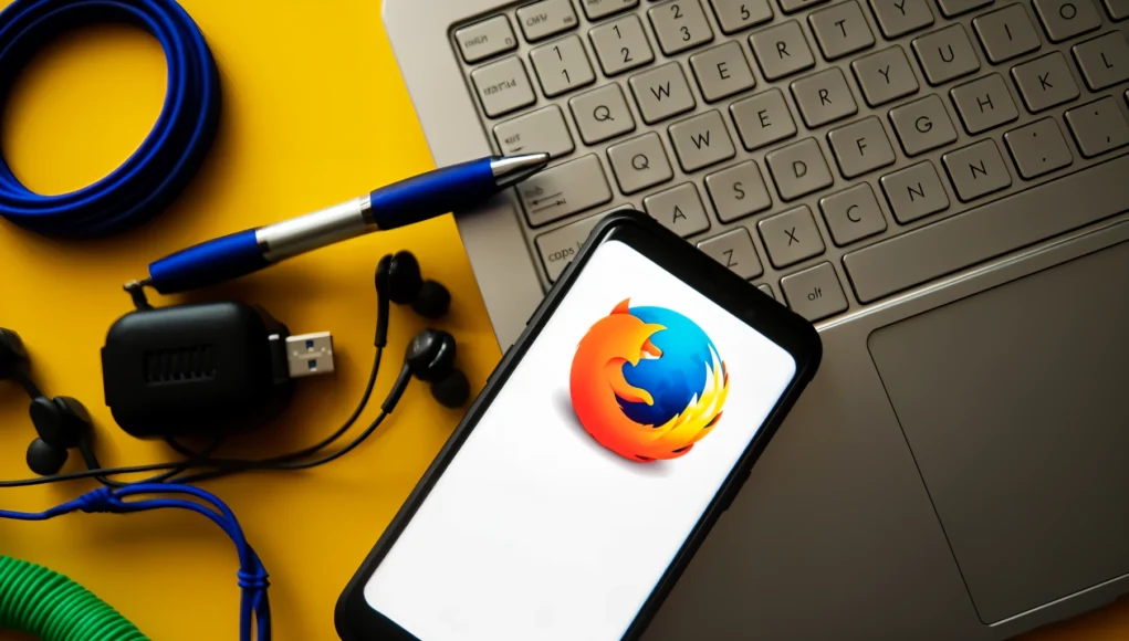 Teléfono móvil mostrando el logotipo de Firefox sobre una pantalla blanca, apoyado junto a un ordenador portátil y varios accesorios tecnológicos como auriculares, cables USB y un bolígrafo, sobre un fondo amarillo que transmite un entorno de trabajo digital y tecnológico.