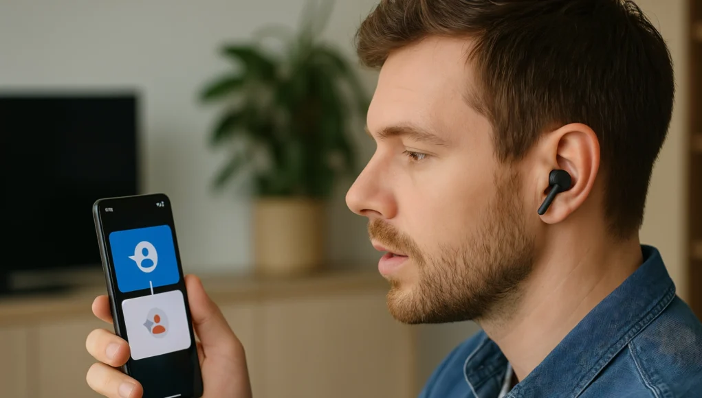 Hombre usando auriculares inalámbricos mientras sostiene un teléfono Android con una aplicación de traducción de voz activa, en un entorno interior moderno y luminoso.