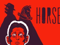 Epic Games prohíbe el juego indie ‘Horses’ en su tienda 24 horas antes del lanzamiento En tonos rojo y negro con un estilo expresionista. En primer plano aparece un rostro con expresión de miedo, y detrás se proyectan dos siluetas: la de un hombre con sombrero y la de un caballo. A la derecha, la palabra “HORSES” aparece escrita con un trazo áspero y alargado.