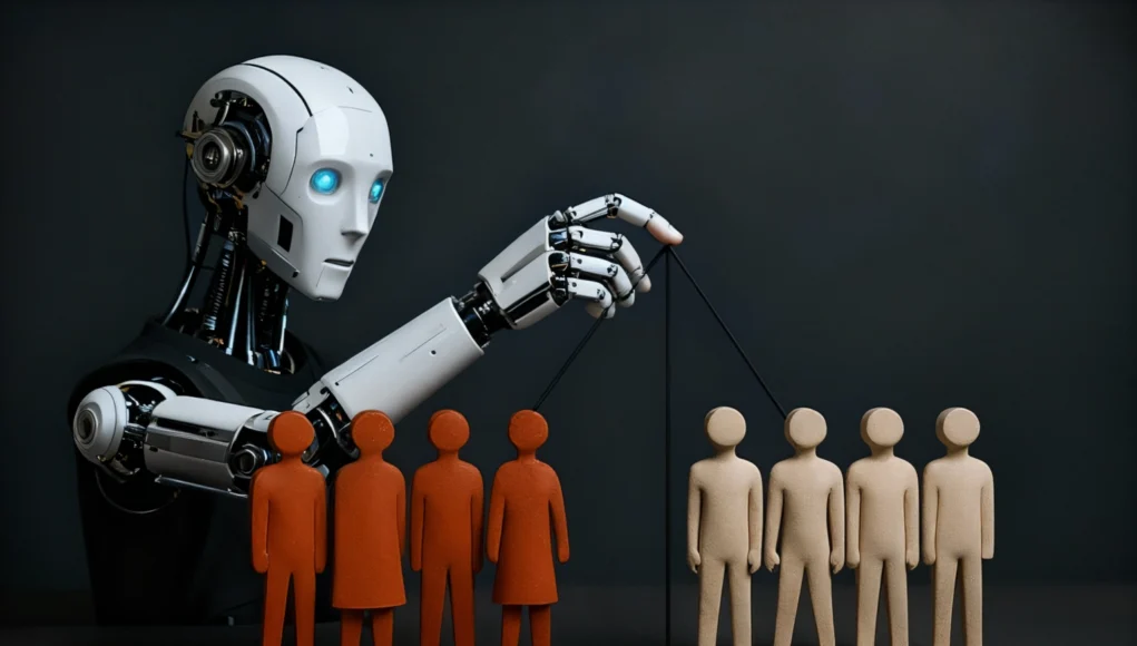 Un robot humanoide con ojos azules ilumina, manipulando con hilos dos grupos de figuras humanas de madera, uno en color rojo y otro en beige, simbolizando la división y el control social mediante tecnología.