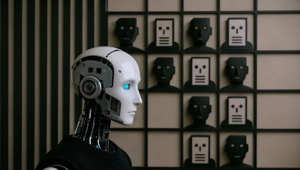 Un robot humanoide blanco con ojos azules brillantes aparece de perfil en primer plano, vestido con un suéter negro. Al fondo se ve una pared dividida en una cuadrícula con siluetas negras de rostros humanos estilizados, algunos sustituidos por iconos planos con forma de documento, reforzando la idea de deshumanización y automatización en el contexto educativo.