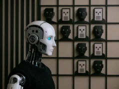 La IA no rompió la educación universitaria: sólo expuso lo que ya estaba roto Un robot humanoide blanco con ojos azules brillantes aparece de perfil en primer plano, vestido con un suéter negro. Al fondo se ve una pared dividida en una cuadrícula con siluetas negras de rostros humanos estilizados, algunos sustituidos por iconos planos con forma de documento, reforzando la idea de deshumanización y automatización en el contexto educativo.