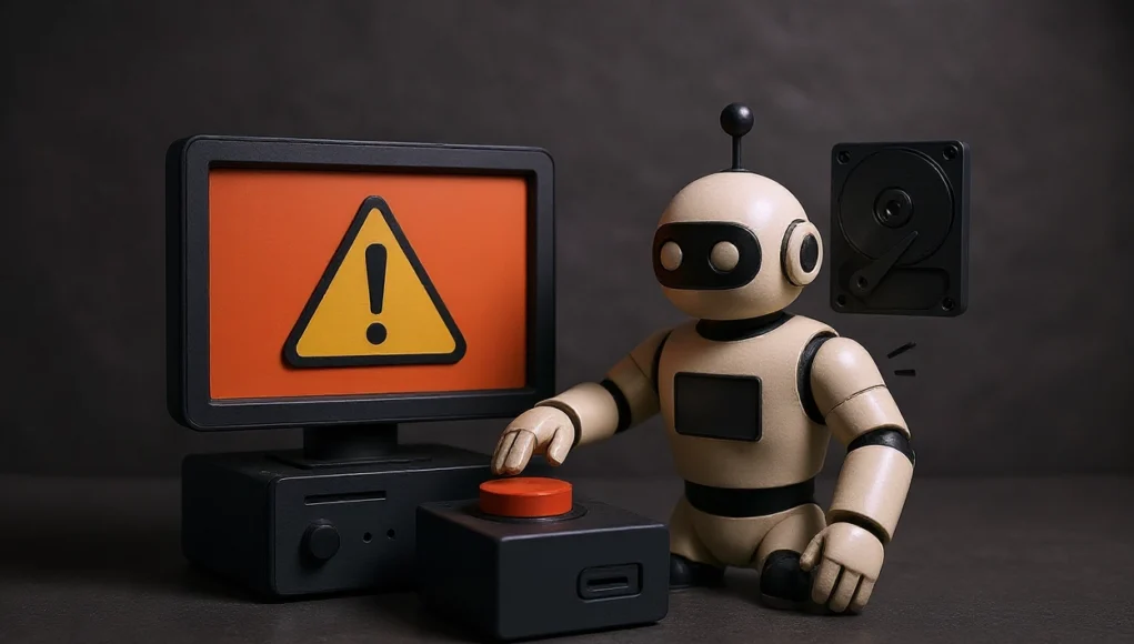 Un pequeño robot de aspecto retro presiona un gran botón rojo situado junto a un ordenador. En la pantalla del monitor aparece un triángulo amarillo de advertencia con un signo de exclamación. Detrás del robot se ve un disco duro ilustrado, sugiriendo un error o fallo tecnológico. La escena está iluminada suavemente sobre un fondo oscuro.