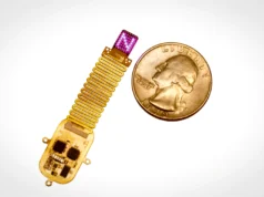 Implante cerebral inalámbrico promete restaurar sentidos perdidos mediante optogenética Dispositivo electrónico flexible de tamaño microscópico junto a una moneda estadounidense, mostrando la escala reducida de un implante tecnológico experimental.