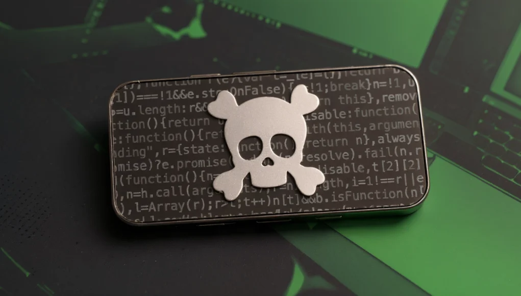 Una placa metálica con un símbolo de calavera y huesos cruzados colocada sobre un fondo con líneas de código en tonos oscuros y verdes, representando un concepto de malware o ciberamenaza.