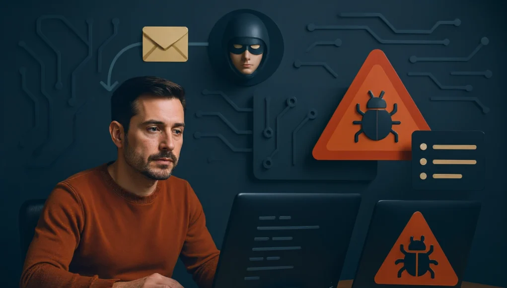 Un hombre frente a dos laptops trabaja concentrado mientras mira la pantalla. En la pared detrás de él aparecen iconos de advertencia con símbolos de malware, un sobre representando un mensaje y la figura estilizada de un hacker con máscara. El fondo muestra patrones de circuitos tecnológicos, transmitiendo la idea de ciberataques y amenazas digitales.