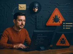 Nueva ola de estafas con ‘pruebas técnicas’ está atacando a desarrolladores con un sofisticado malware Un hombre frente a dos laptops trabaja concentrado mientras mira la pantalla. En la pared detrás de él aparecen iconos de advertencia con símbolos de malware, un sobre representando un mensaje y la figura estilizada de un hacker con máscara. El fondo muestra patrones de circuitos tecnológicos, transmitiendo la idea de ciberataques y amenazas digitales.