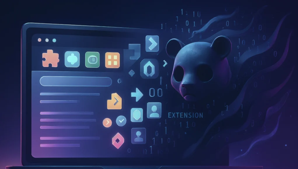 Un portátil con una interfaz llena de iconos de extensiones de navegador en colores brillantes. A la derecha emerge la silueta oscura de una máscara con forma de panda rodeada de números binarios, simbolizando una extensión maliciosa o un ataque digital.