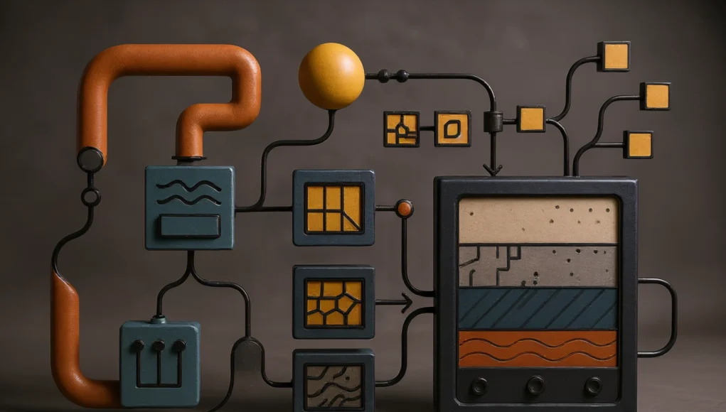 Un pipeline tecnológico: bloques geométricos conectados por tubos y cables forman un flujo visual que transforma texturas en capas de material. A la derecha, un módulo principal muestra varias capas superpuestas con diferentes patrones y colores, evocando mapas PBR, mientras a la izquierda nodos intermedios simbolizan procesos de generación y conversión