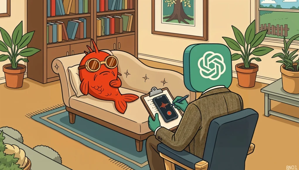Ilustración humorística de un pez rojo recostado en un diván como en una sesión de terapia, usando gafas, mientras una figura con el logotipo de ChatGPT en la cabeza toma notas en una libreta con un dispositivo de grabación de voz, en un despacho acogedor con libros y plantas.