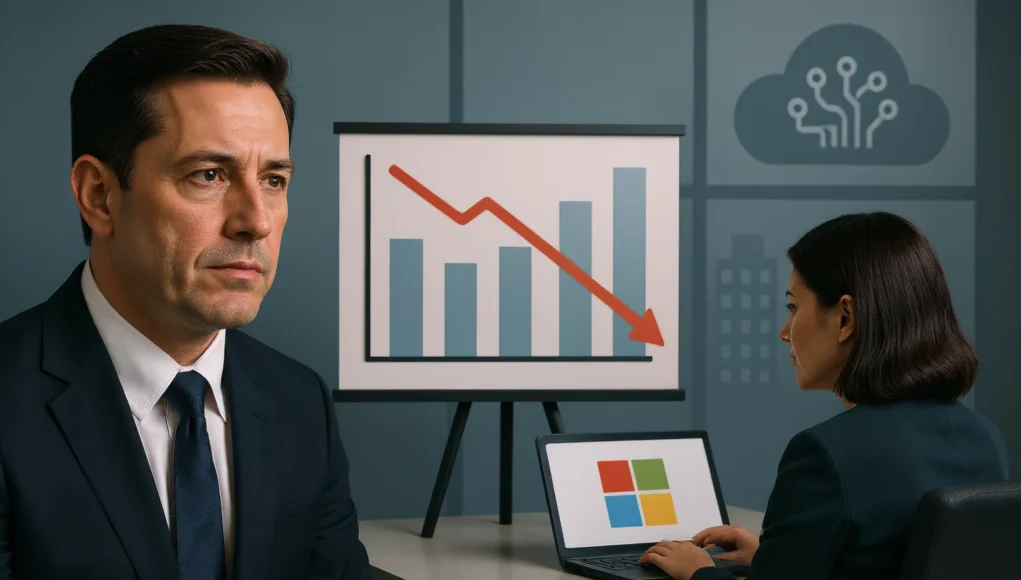 En una sala de oficina, un hombre con traje oscuro aparece serio mientras, al fondo, se ve un gráfico en un caballete que muestra una tendencia descendente. Frente al gráfico, una mujer trabaja en una laptop con el logotipo de Microsoft. En la pared hay un ícono de nube relacionado con tecnología.