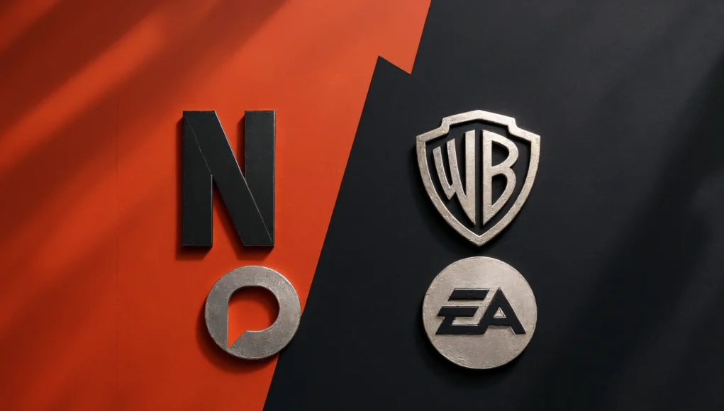 Ilustración con fondo dividido diagonalmente entre rojo y negro. En el lado rojo aparece una gran letra “N” metálica oscura, asociada visualmente al estilo de Netflix, junto a un símbolo circular plateado. En el lado negro, se muestran dos emblemas metálicos: el escudo de Warner Bros. en la parte superior y el logotipo circular de EA en la parte inferior. La luz proyecta sombras suaves sobre toda la composición, dando un aspecto tridimensional a los logotipos.