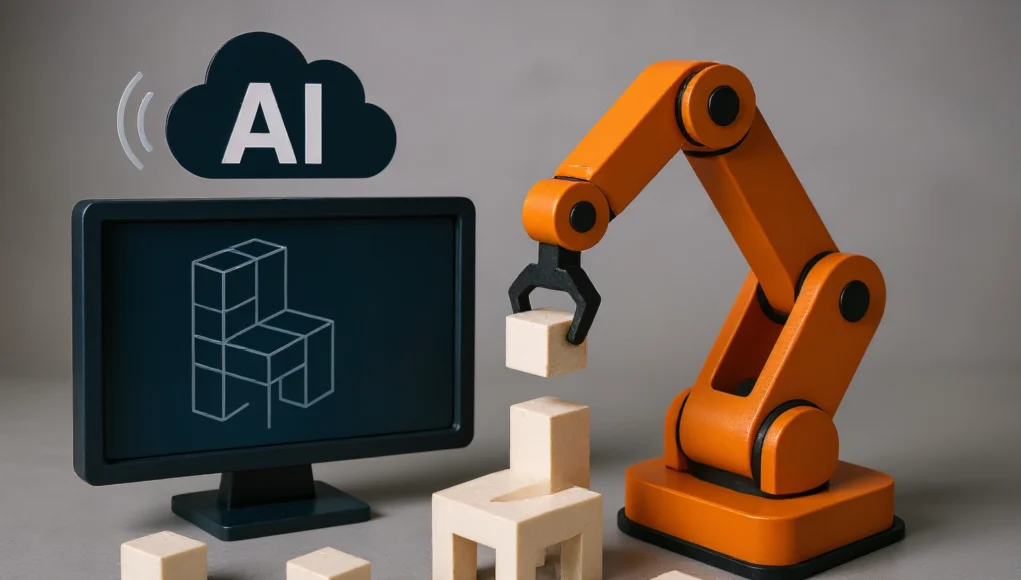Un brazo robótico naranja coloca un cubo sobre una pequeña estructura modular con forma de silla, mientras un monitor cercano muestra un modelo 3D en forma de cubos. Sobre el monitor aparece un ícono de nube con las letras ‘AI’. Varias piezas cúbicas adicionales están esparcidas sobre la superficie.