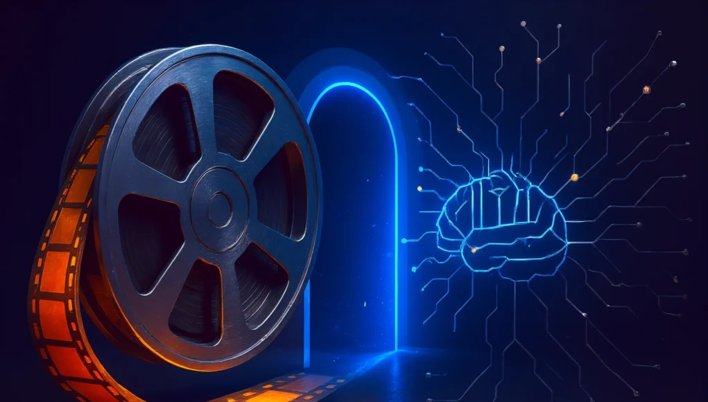 Ilustración conceptual en formato apaisado que muestra un gran carrete de película metálico con una cinta luminosa de color naranja extendiéndose hacia la derecha. Frente a él, un arco brillante azul funciona como portal entre el cine tradicional y un cerebro digital formado por circuitos y nodos luminosos, simbolizando la conexión entre el entretenimiento y la inteligencia artificial. El fondo es oscuro, con iluminación contrastada en tonos azules y naranjas.