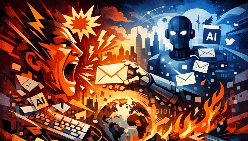 Ilustración abstracta que representa el choque entre un programador enfurecido y una inteligencia artificial: un rostro humano grita mientras una figura robótica le entrega un correo electrónico, rodeados de símbolos digitales, teclados, fuego y un planeta en llamas, evocando el conflicto entre automatización, tecnología y desgaste humano.